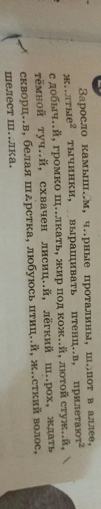 Заросло камыш..м, ч..рные проталины, ш..пот в аллее, ж..лтые² тычинки...