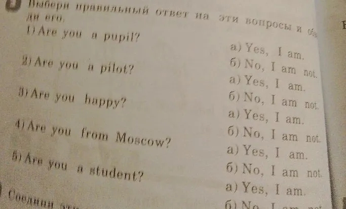 Выбери правильный ответ на эти вопросы и объясни его: 1) Are you a pupil? 2) Are you a pilot? 3) Are you happy? 4) Are you from Moscow? 5) Are you a student?