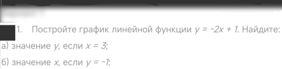 Постройте график линейной функции y = -2x + 1. Найдите: а) значение y, если x = 3; б) значение x, если y = -1;