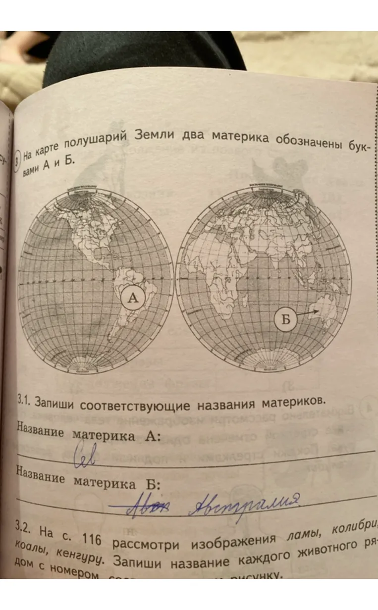 На карте полушарий Земли два материка обозначены буквами А и Б. Запиши соответствующие названия материков.