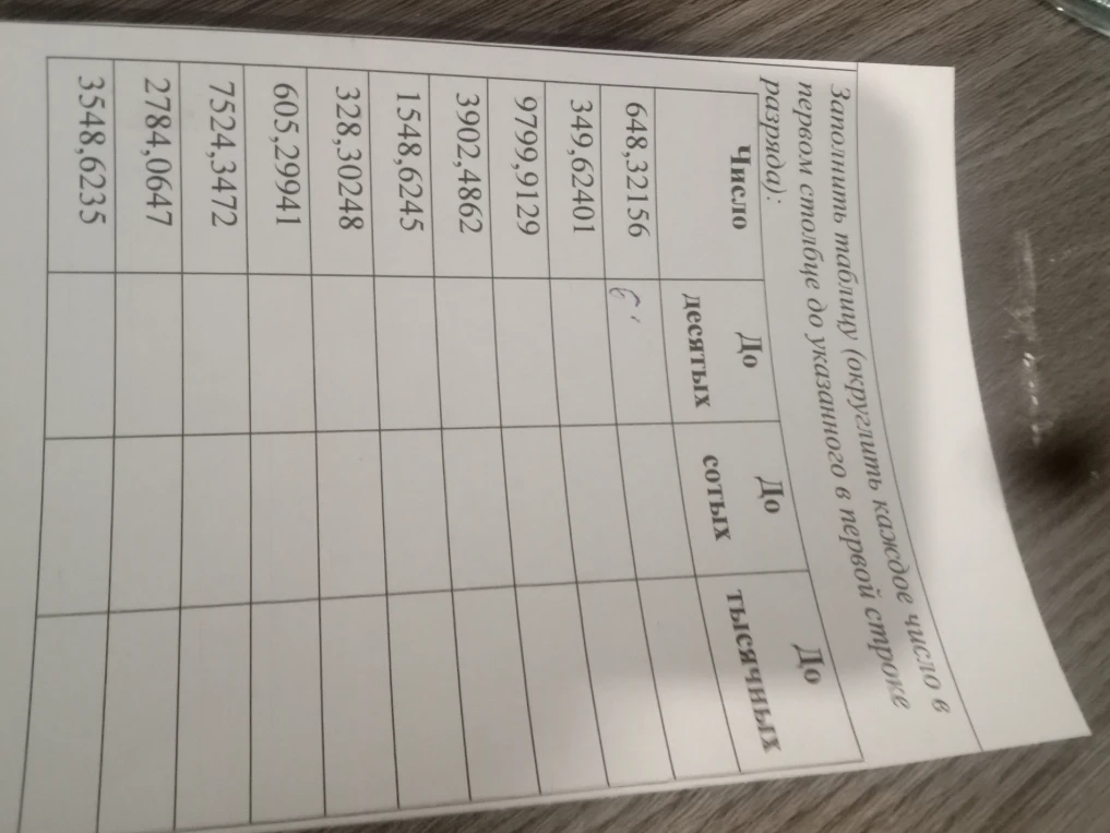 Заполнить таблицу (округлить каждое число в первом столбце до указанного в первой строке разряда)