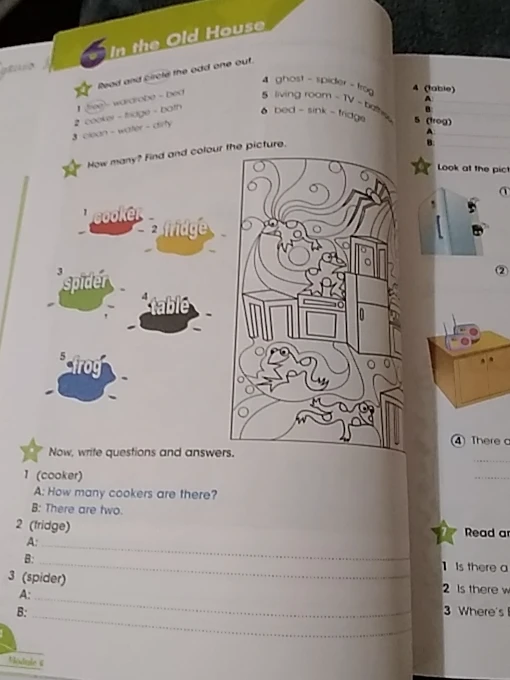 Read and circle the odd one out. How many? Find and colour the picture. Now, write questions and answers.