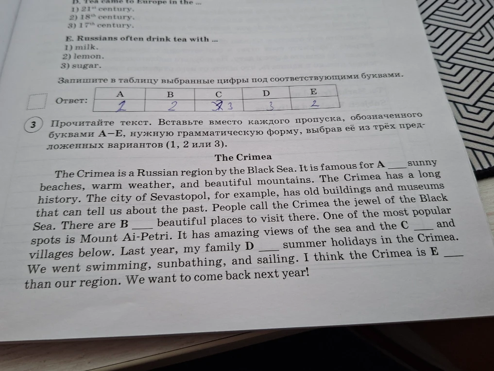 Прочитайте текст. Вставьте вместо каждого пропуска, обозначенного буквами A-E, нужную грамматическую форму, выбрав её из трёх предложенных вариантов (1, 2 или 3).