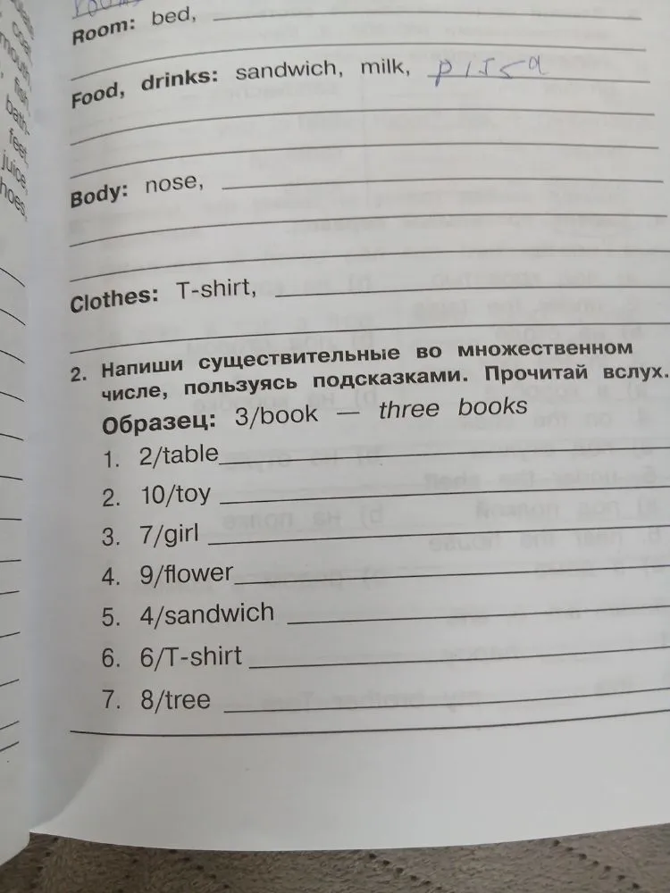 Напиши существительные во множественном числе, пользуясь подсказками. Прочитай вслух. Образец: 3/book — three books