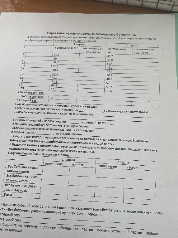 Случайная изменчивость. Шоколадные батончики. На обертке шоколадного батончика указан его номинальный вес 50 г. Для контроля производства отобрали две партии батончиков по 10 штук в каждой.