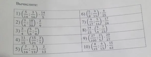 Вычислите: 1) (5/14 : 3/16) * 14/5; 2) (3/4 : 18/30) * 2/9; 3) 3/4 * (5/6 : 7/8)...