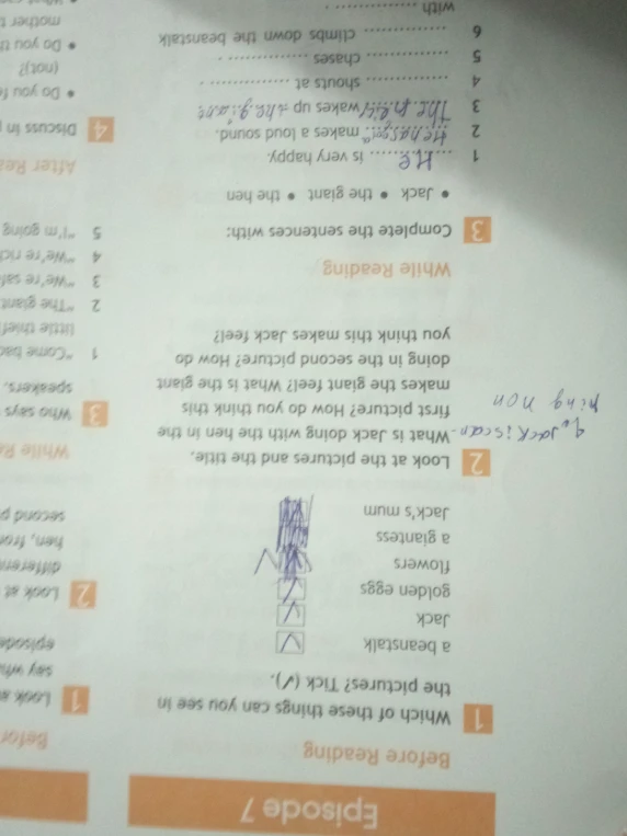 Complete the sentences with: Jack, the giant, the hen