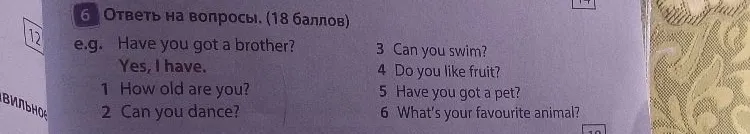 Ответь на вопросы: 1 How old are you? 2 Can you dance? 3 Can you swim? 4 Do you like fruit? 5 Have you got a pet? 6 What's your favourite animal?
