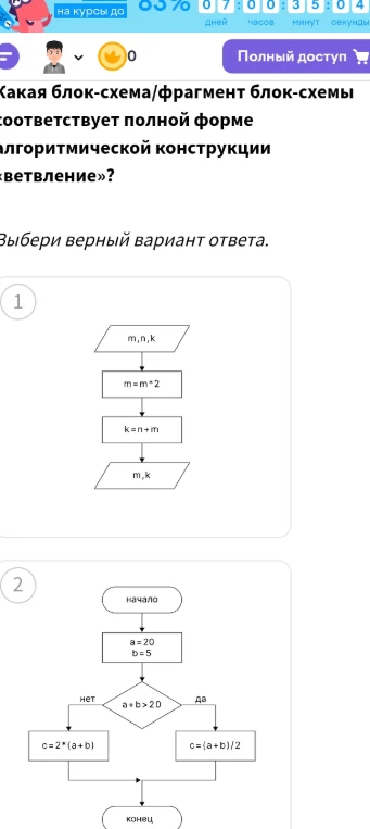 Какая блок-схема/фрагмент блок-схемы соответствует полной форме алгоритмической конструкции «ветвление»?