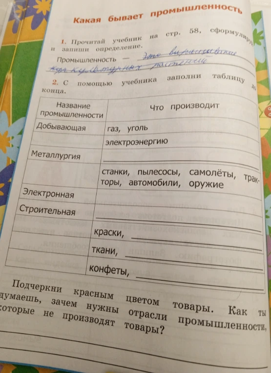Какая бывает промышленность. Заполни таблицу.