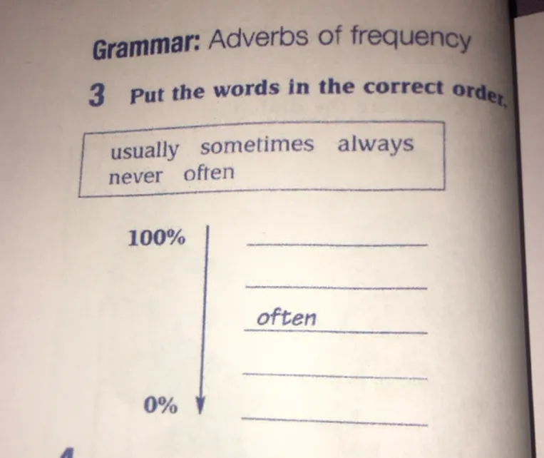Put the words in the correct order: usually, sometimes, always, never, often
