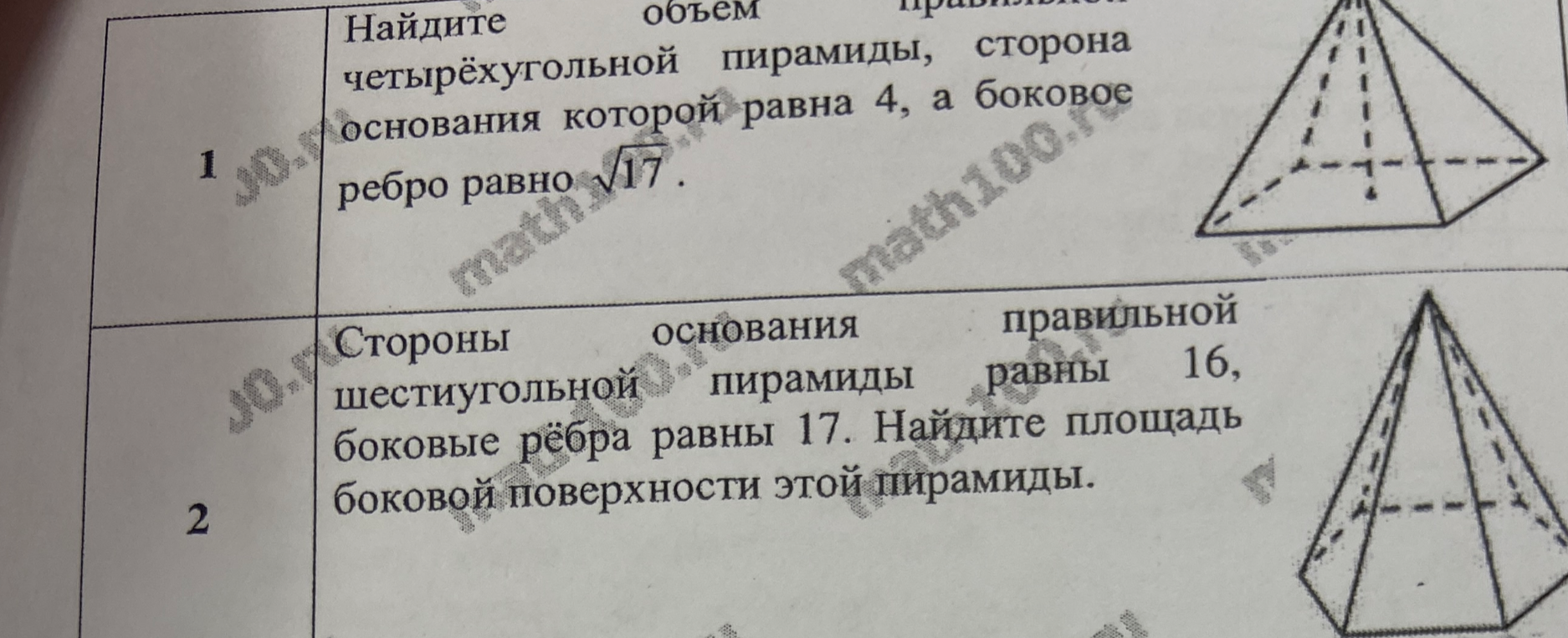 1. Найдите объем правильной четырёхугольной пирамиды, сторона основания которой равна 4, а боковое ребро равно √17. 2. Стороны основания правильной шестиугольной пирамиды равны 16, боковые рёбра равны 17. Найдите площадь боковой поверхности этой пирамиды.