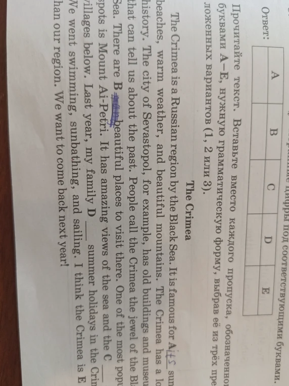 Прочитайте текст. Вставьте вместо каждого пропуска, обозначенного буквами A–E, нужную грамматическую форму, выбрав её из трёх предложенных вариантов (1, 2 или 3).