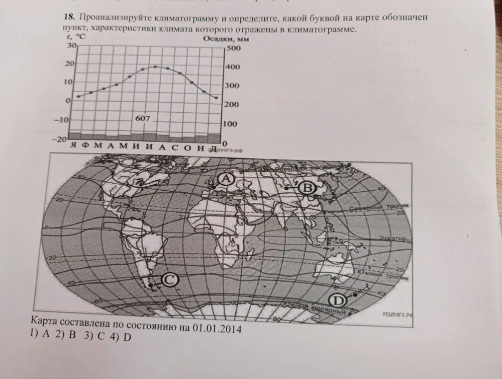 Проанализируйте климатограмму и определите, какой буквой на карте обозначен пункт, характеристики климата которого отражены в климатограмме.