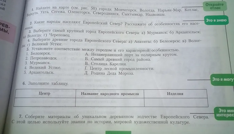 Какие народы населяют Европейский Север? Расскажите об особенностях его населения. Выберите самый крупный город Европейского Севера. Установите соответствие между городом и его характерной особенностью. Заполните таблицу по народным промыслам.