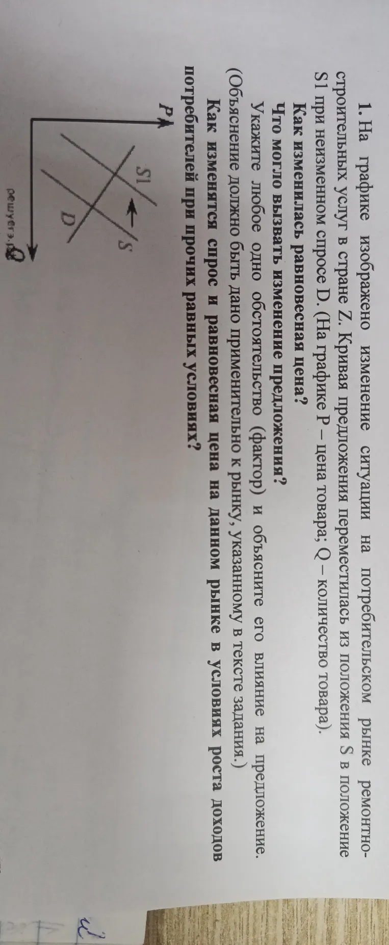 На графике изображено изменение ситуации на потребительском рынке ремонтно-строительных услуг в стране Z. Кривая предложения переместилась из положения S в положение S1 при неизменном спросе D.