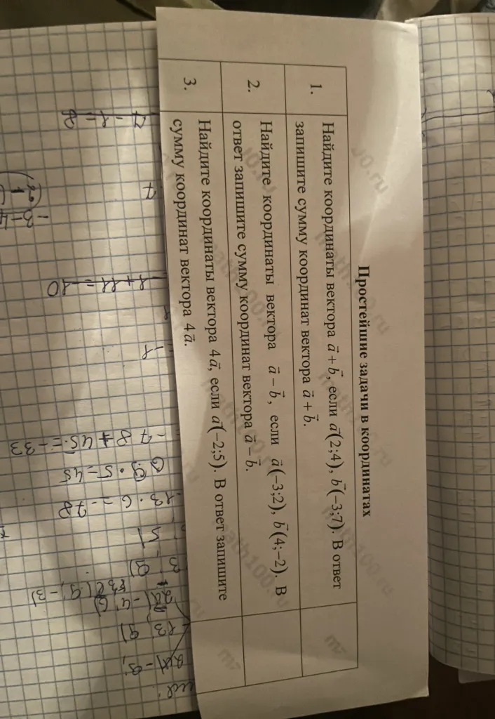 Найдите координаты вектора a + b, если a(2; 4), b(-3; 7). В ответ запишите сумму координат вектора a + b.