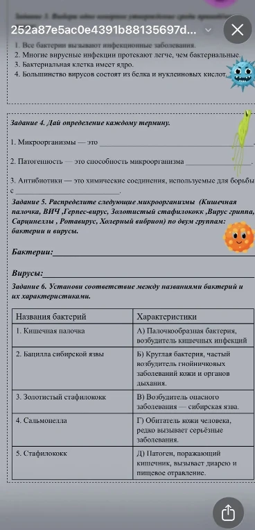 Задание 4. Дай определение каждому термину. Задание 5. Распределите следующие микроорганизмы по двум группам. Задание 6. Установи соответствие между названиями бактерий и их характеристиками.