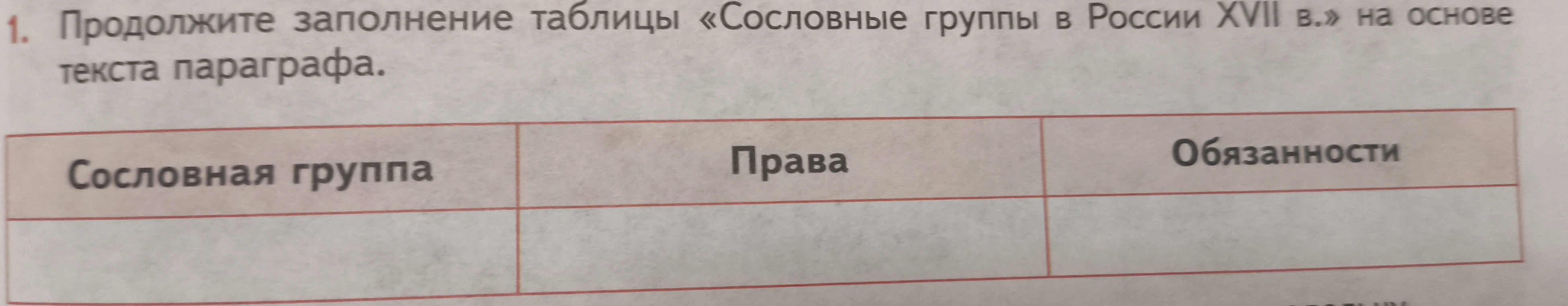 Продолжите заполнение таблицы «Сословные группы в России XVII в.» на основе текста параграфа.