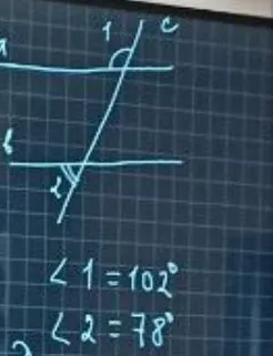 Докажите параллельность прямых, если угол 1 = 102°, а угол 2 = 78°.