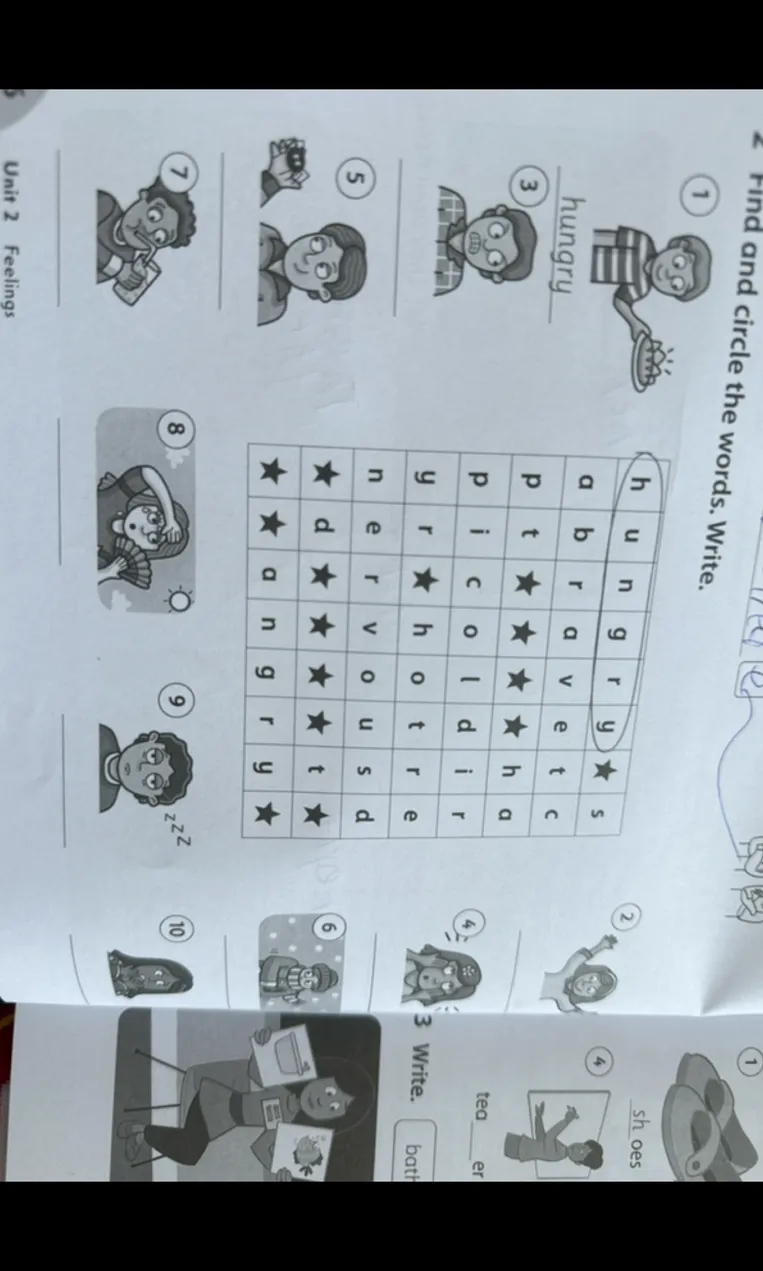 Find and circle the words. Write.