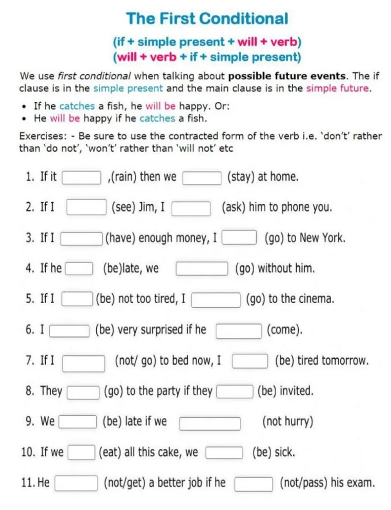Exercises: Be sure to use the contracted form of the verb i.e. 'don't' rather than 'do not', 'won't' rather than 'will not' etc. 1. If it (rain) then we (stay) at home.