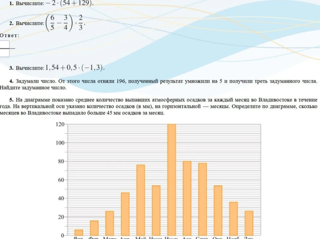1. Вычислите: -2 * (54 + 129). 2. Вычислите: (6/5 - 3/4) : 2/3. 3. Вычислите: 1,54 + 0,5 * (-1,3). 4. Задумали число. От этого числа отняли 196, полученный результат умножили на 5 и получили треть задуманного числа. Найдите задуманное число. 5. Определите по диаграмме, сколько месяцев во Владивостоке выпадало больше 45 мм осадков за месяц.