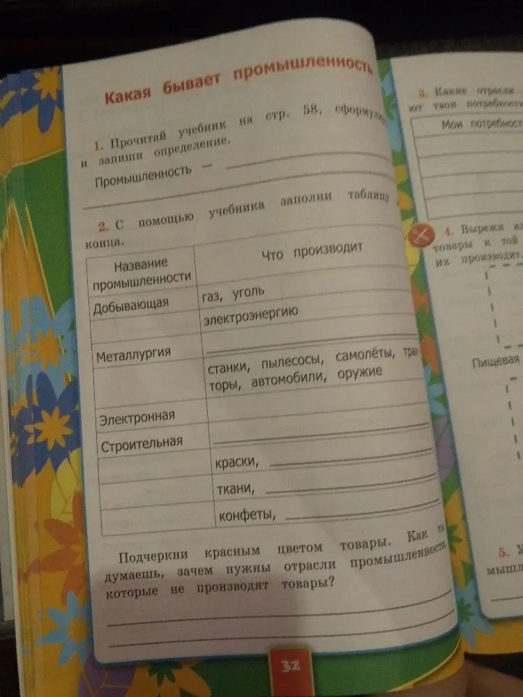 Какая бывает промышленность. 1. Прочитай учебник на стр. 58, сформулируй и запиши определение. Промышленность — ______. 2. С помощью учебника заполни таблицу до конца.