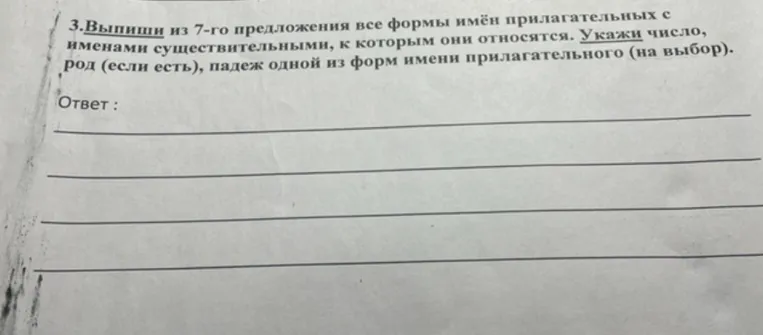 Выпиши из 7-го предложения все формы имён прилагательных с именами существительными, к которым они относятся. Укажи число, род (если есть), падеж одной из форм имени прилагательного (на выбор).