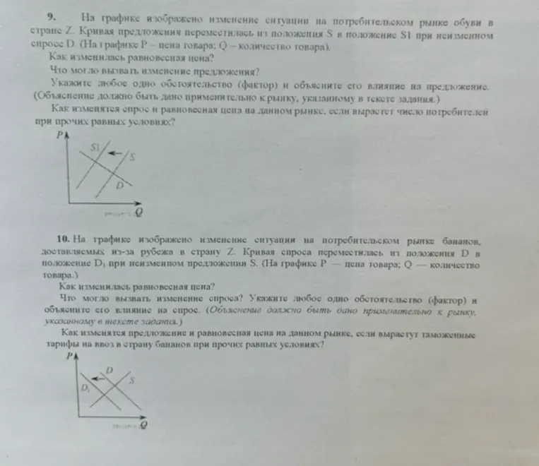 На графике изображено изменение ситуации на потребительском рынке обуви в стране Z. Кривая предложения переместилась из положения S в положение S1 при неизменном спросе D.
