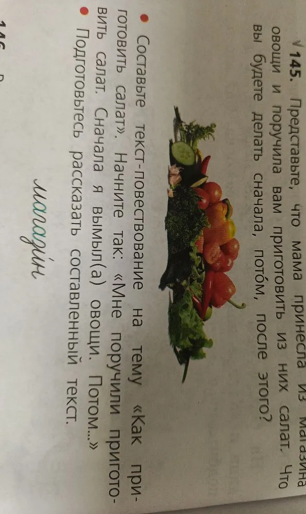 Составьте текст-повествование на тему «Как приготовить салат». Начните так: «Мне поручили приготовить салат. Сначала я вымыл(а) овощи. Потом...»