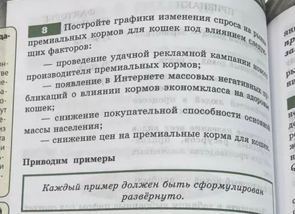 Постройте графики изменения спроса на рынке премиальных кормов для кошек под влиянием следующих факторов: проведение удачной рекламной кампании; появление негативных публикаций о кормах экономкласса; снижение покупательной способности; снижение цен на премиальные корма.