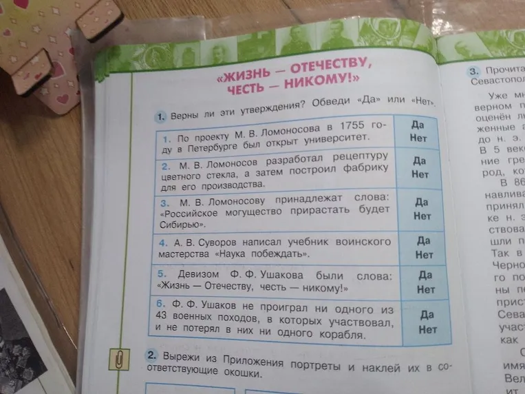 Верны ли эти утверждения? Обведи «Да» или «Нет» (про М. В. Ломоносова, А. В. Суворова и Ф. Ф. Ушакова).