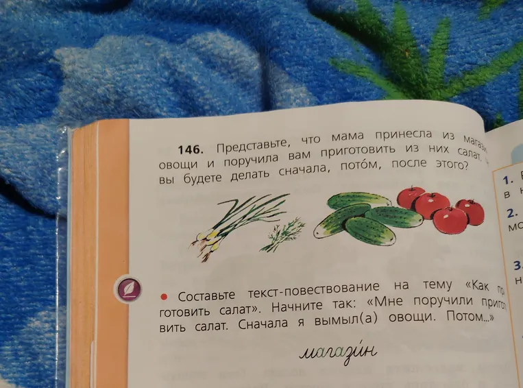 Составьте текст-повествование на тему «Как приготовить салат». Начните так: «Мне поручили приготовить салат. Сначала я вымыл(а) овощи. Потом...»