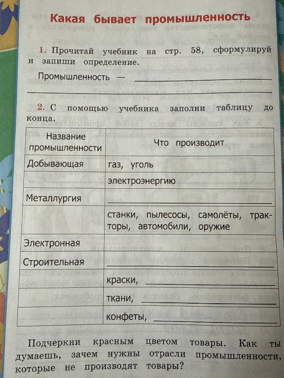 Сформулируй и запиши определение. Промышленность — ... С помощью учебника заполни таблицу до конца.
