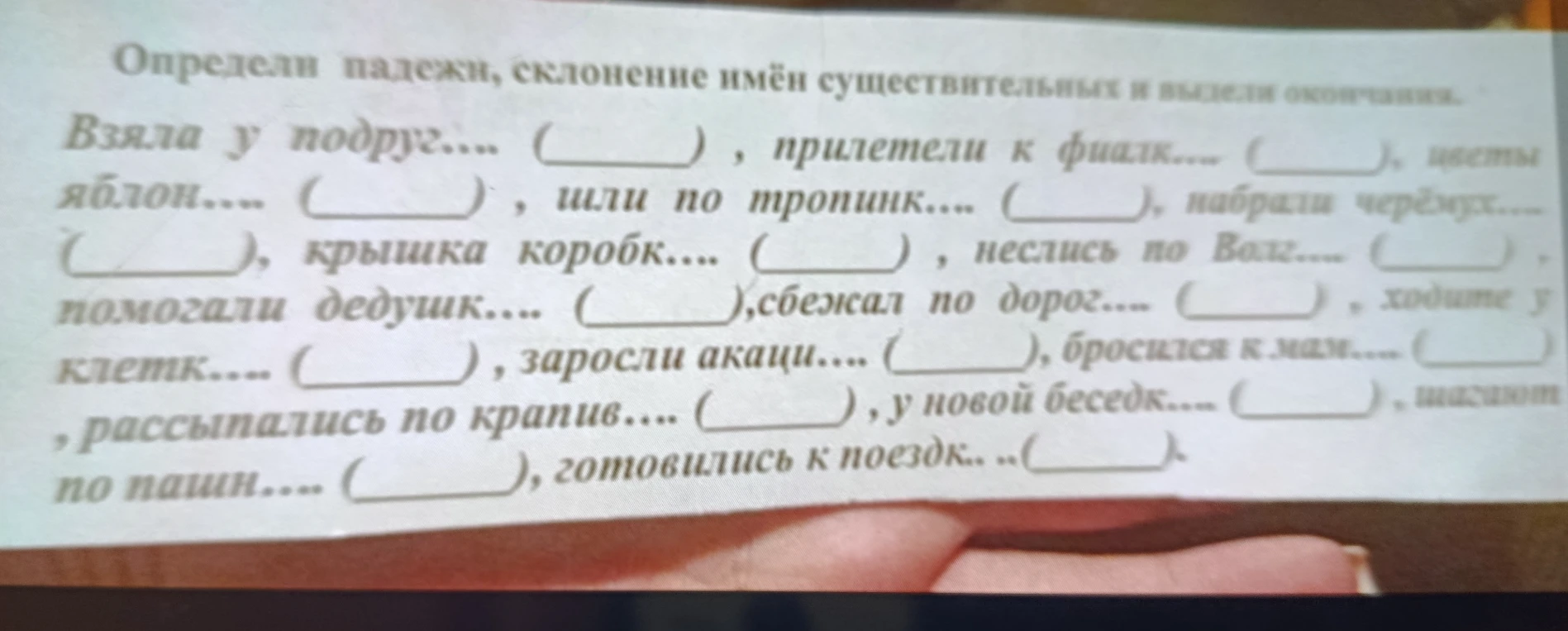 Определи падежи, склонение имён существительных и выдели окончания.