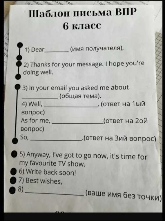 Шаблон письма ВПР 6 класс