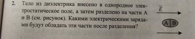 Тело из диэлектрика внесено в однородное электростатическое поле, а затем разделено на части А и В. Какими электрическими зарядами будут обладать эти части после разделения?