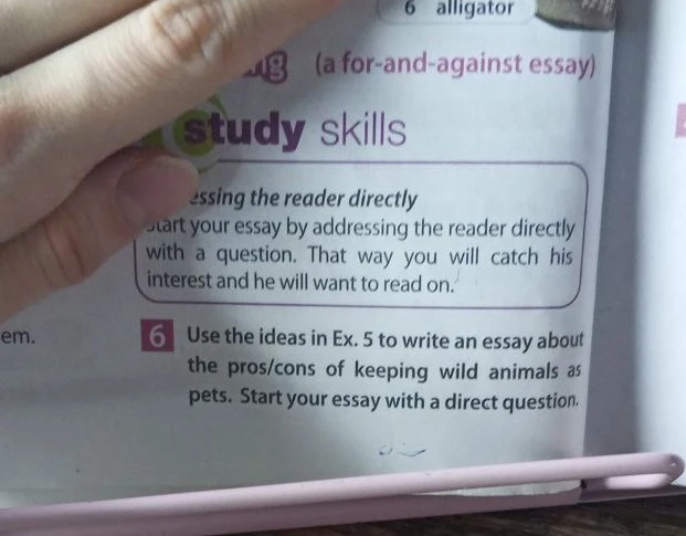 Use the ideas in Ex. 5 to write an essay about the pros/cons of keeping wild animals as pets. Start your essay with a direct question.