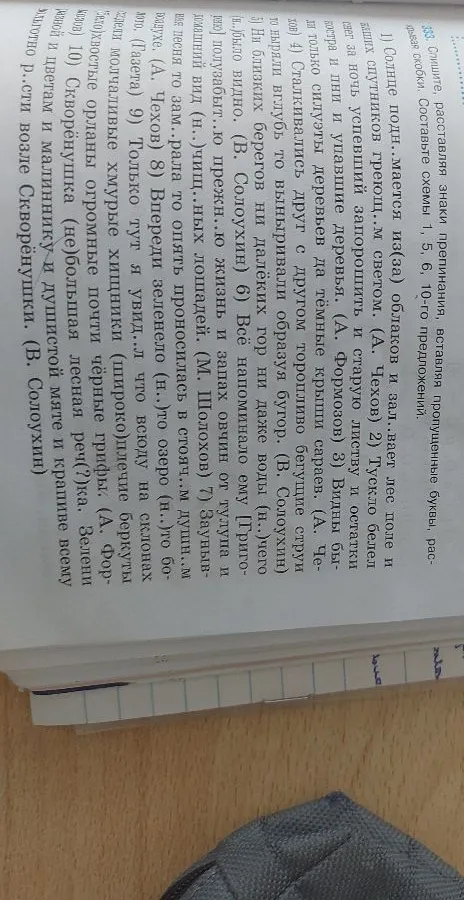 333. Спишите, расставляя знаки препинания, вставляя пропущенные буквы, раскрывая скобки. Составьте схемы 1, 5, 6, 10-го предложений.