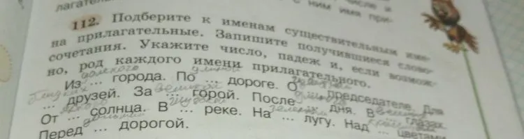 112. Подберите к именам существительным имена прилагательные. Запишите получившиеся словосочетания. Укажите число, падеж и, если возможно, род каждого имени прилагательного.