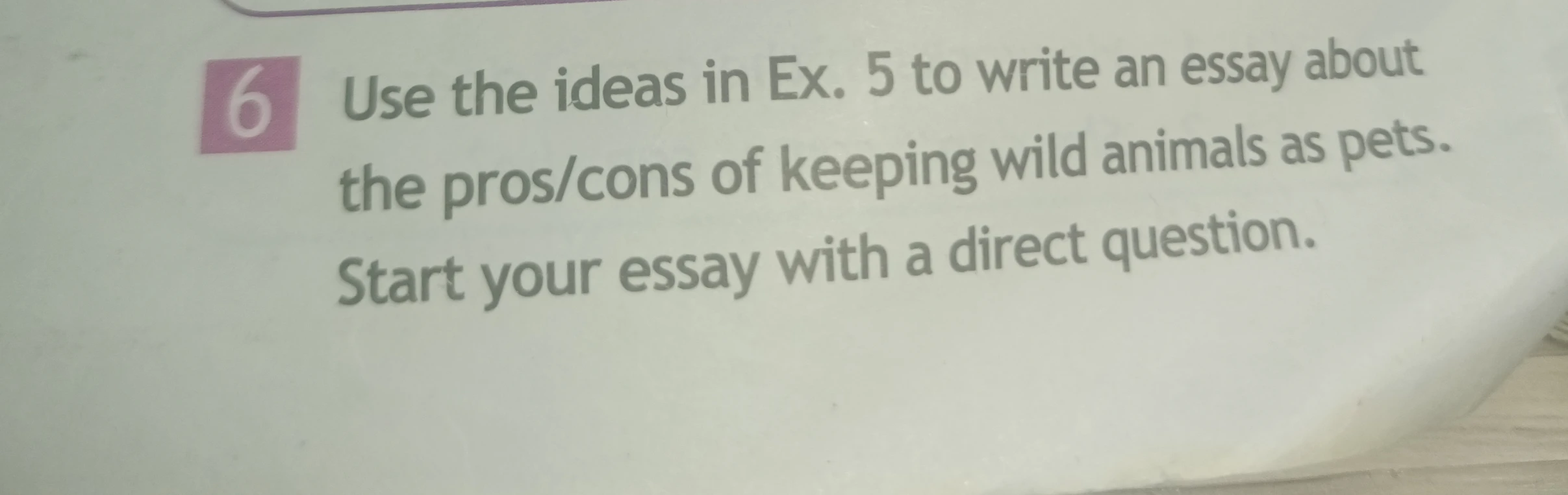 Use the ideas in Ex. 5 to write an essay about the pros/cons of keeping wild animals as pets. Start your essay with a direct question.