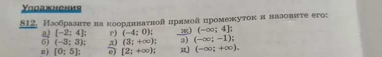 Изобразите на координатной прямой промежуток и назовите его: а) [-2; 4]; б) (-3; 3); в) [0; 5]; г) (-4; 0); д) (3; +∞); е) [2; +∞); ж) (-∞; 4]; з) (-∞; -1); и) (-∞; +∞).
