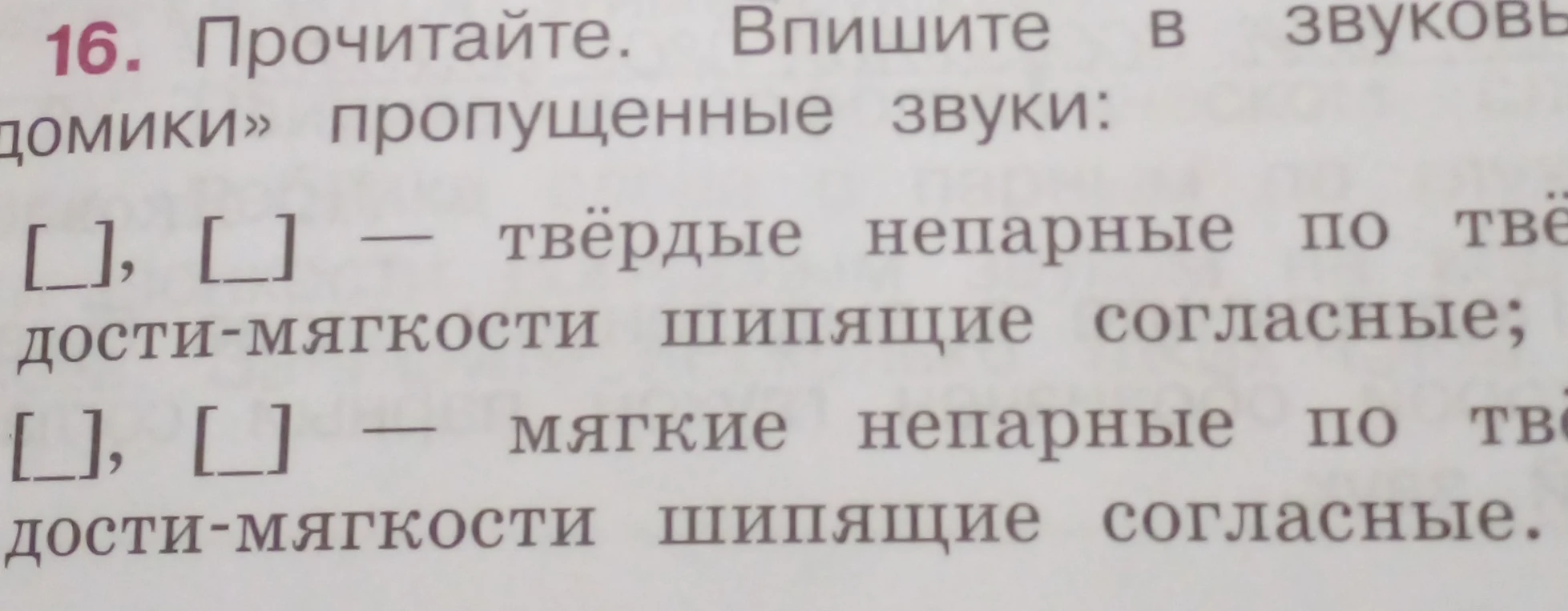 Впишите в «звуковые домики» пропущенные звуки: твёрдые непарные шипящие и мягкие непарные шипящие.