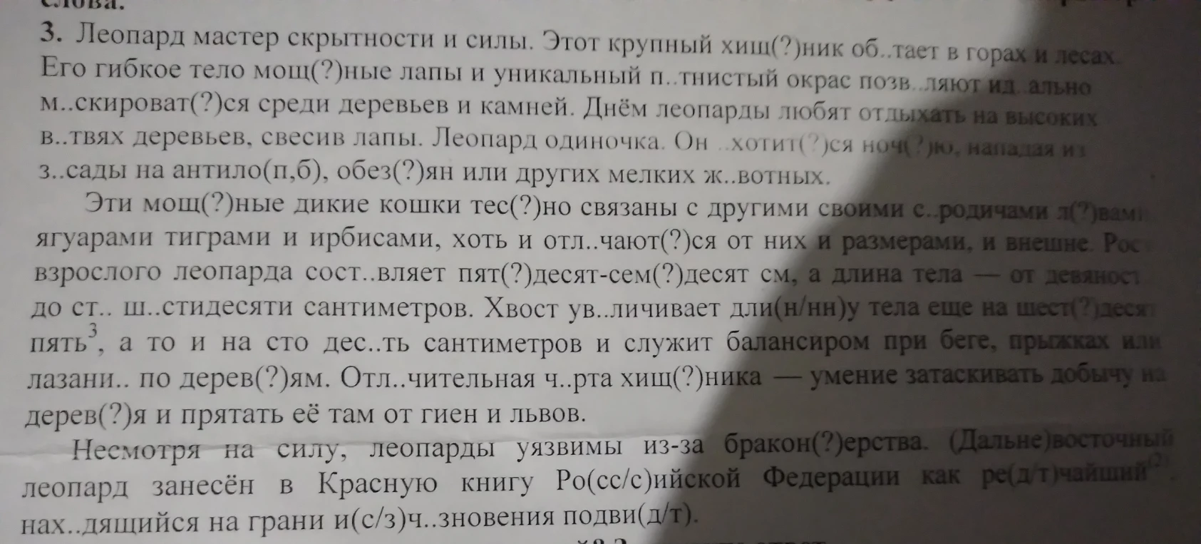 Леопард мастер скрытности и силы. Этот крупный хищ(?)ник об..тает в горах и лесах.