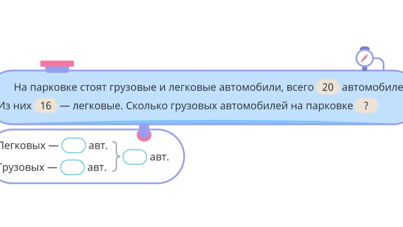 На парковке стоят грузовые и легковые автомобили, всего 20 автомобилей. Из них 16 — легковые. Сколько грузовых автомобилей на парковке?