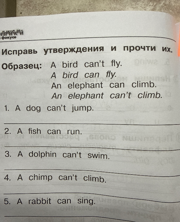 Исправь утверждения и прочти их: 1. A dog can't jump. 2. A fish can run. 3. A dolphin can't swim. 4. A chimp can't climb. 5. A rabbit can sing.