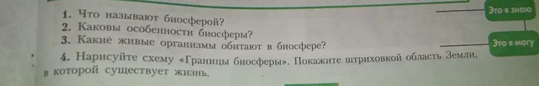 1. Что называют биосферой? 2. Каковы особенности биосферы? 3. Какие живые организмы обитают в биосфере? 4. Нарисуйте схему «Границы биосферы».