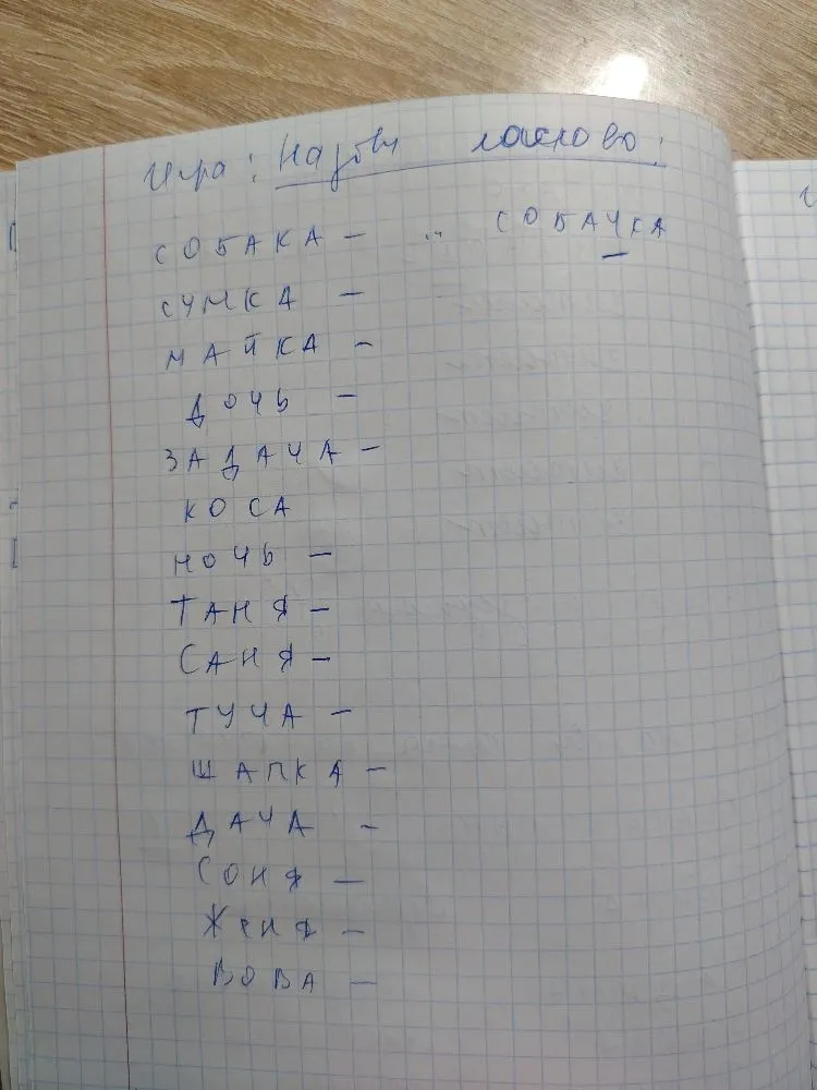 Игра: назови ласково: СОБАКА — СОБАЧКА, СУМКА —, МАЙКА —, ДОЧЬ —, ЗАДАЧА —, КОСА —, НОЧЬ —, ТАНЯ —, САНЯ —, ТУЧА —, ШАПКА —, ДАЧА —, СОНЯ —, ЖЕНЯ —, ВОВА —