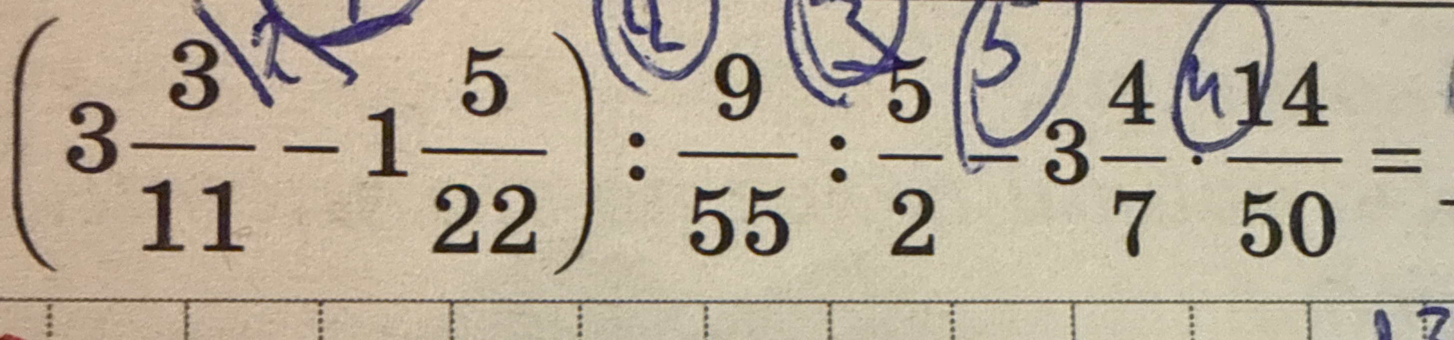 (3 3/11 - 1 5/22) : 9/55 : 5/2 - 3 4/7 * 14/50 =